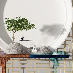 新中式禅意玄关摆台柜架植物石头摆件饰品