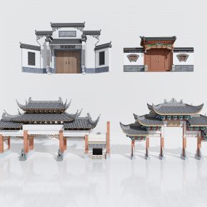 中式徽派大门，庭院大门，门楼，门头，大门牌坊，寺院大门，中式院墙