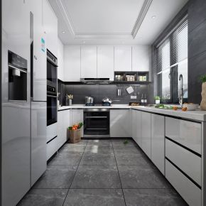 现代风格厨房橱柜 厨房电器厨房用品冰箱油烟机
