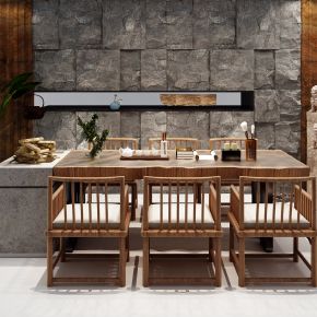 新中式茶桌椅 毛石 背景墙