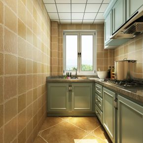 美式厨房 橱柜 简美墙 地面仿古砖