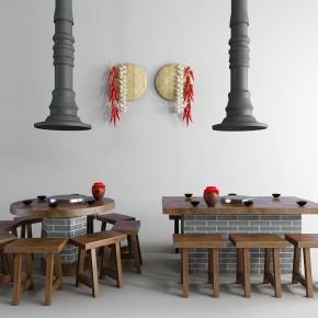 现代灶台铁锅炖餐桌椅