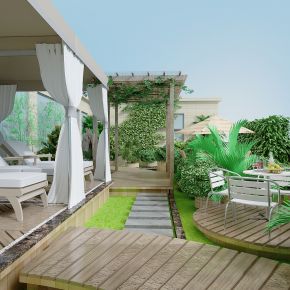 现代别墅露台庭院景观，绿植，植物堆，植物墙，花草树木，休闲平台，躺椅，廊架，藤蔓