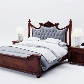 美式实木双人床,床头柜组合