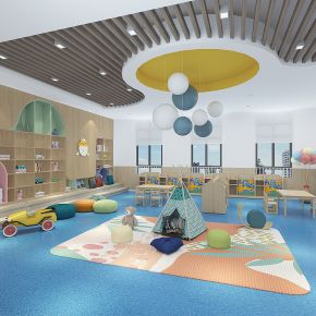 现代幼儿园活动室，幼儿园阅读空间，储物柜，幼儿园桌椅，儿童乐园，造型墙