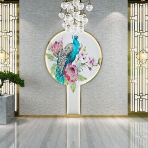 新中式背景墙 形象墙 吧台背景墙 中式吊灯 中式隔断 迎客松