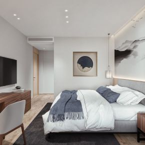 06-cr材质新中式客房，主卧室，双人床，床头柜