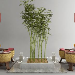 新中式桌椅组合 花坛竹子