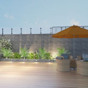 现代别墅露台庭院景观，绿植，植物堆，花坛，休闲平台，室外休闲桌椅，防晒伞