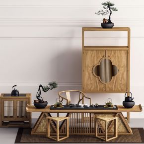 中式实木茶桌椅装饰柜