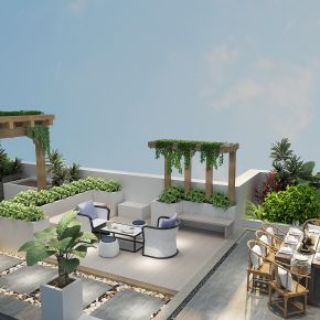 现代别墅露台庭院景观，绿植，植物堆，绿化带，休闲平台，餐桌，廊架，藤蔓