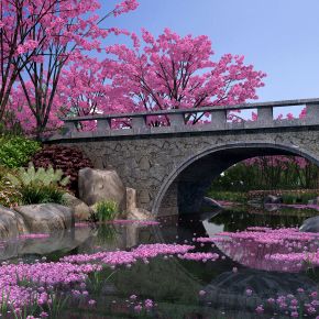 中式园林景观 樱花谷 中式园林 公园 花园 河岸景观 景观组合 景观桥