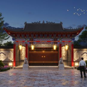 中式古建彩绘斗拱大门庭院大门夜景