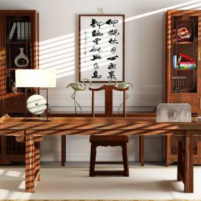 中式书房桌椅 书架组合