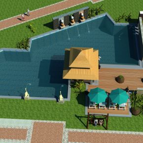 中式户外游泳池水上乐园 温泉人物晒太阳 泳池伞座 植物景观 园林喷水景观