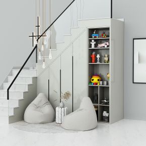 现代楼梯间,L形楼梯，楼梯储物柜，楼梯装饰柜，楼梯壁灯，吊灯