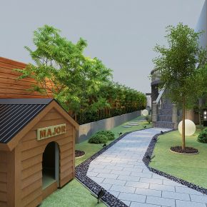 现代别墅庭院景观，绿植，狗窝，狗屋，绿化带，庭院小径，屋顶花园，石楼梯