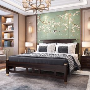 新中式双人床 吊灯 衣柜 地毯 床头柜 壁灯 新中式壁画