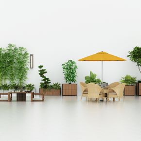 现代别墅室外庭院露台花坛，花箱，绿植，竹子，景观小品，茶桌，休闲遮阳伞