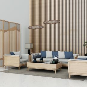 新中式沙发茶几组合，中式屏风隔断，吊灯