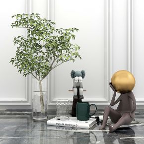 现代雕塑公仔，玻璃花瓶水生植物