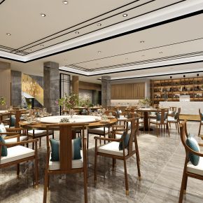 新中式餐饮店、餐桌、楼梯、雕塑、吧台、酒柜