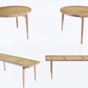 现代竹编圆桌长凳