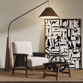 现代单人沙发,休闲椅,边几,挂画,地毯,落地灯