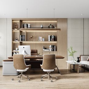 现代经理办公室|实木办公桌|办公椅|布艺沙发|石质茶几|书柜