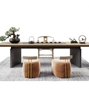新中式茶桌椅组合  凳子  茶具  茶壶  单椅  地毯