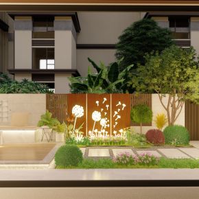 现代花园庭院景观 景墙 休闲座凳 灯具 耐候钢板 操作台 玻璃砖