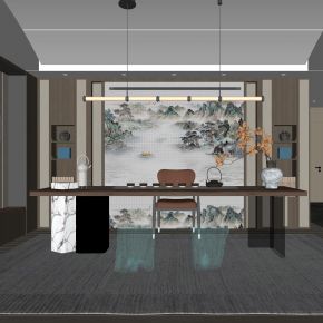 新中式茶室  茶桌椅  茶具  饰品摆件  吊灯  装饰柜