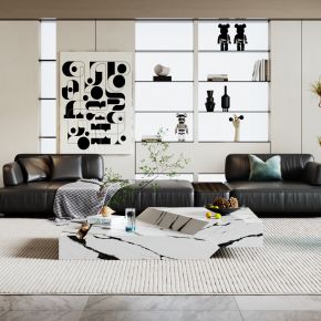 现代客厅  沙发  茶几  休闲椅  边几  绿植  装饰画  装饰柜