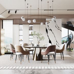 现代餐厅  吊灯  餐桌椅 饰品摆件 雕塑  窗帘  地毯