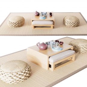 日式榻榻米茶桌椅 圆形坐墩 茶具 茶桌 地毯