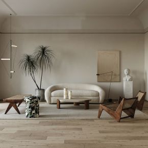 侘寂家居客厅 挂画 沙发茶几组合 地毯 休闲椅