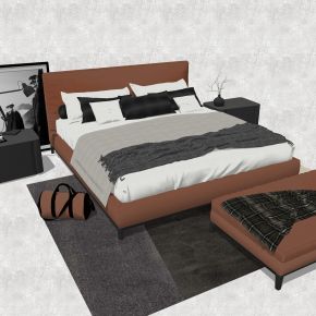 现代双人床，床头柜，台灯，床尾凳床品