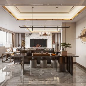 新中式客餐厅，沙发茶几组合，餐桌椅组合，酒柜，电视背景