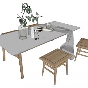 日式茶桌椅组合，茶桌，茶椅，方凳，方椅，矮凳，餐桌，餐椅，饰品，摆件，花