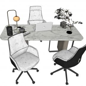 现代办公桌，书桌，经理桌，办公椅，主管桌，电脑，摆件，台灯，花瓶，餐桌