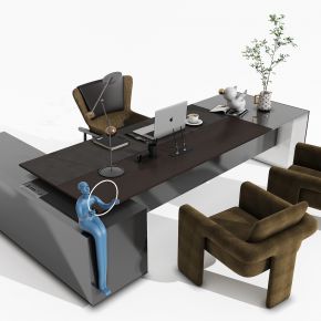 现代办公桌，班台，办公椅，休闲椅，装饰品，摆件，饰品，电脑，书桌，花瓶