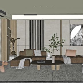 现代客厅，多人沙发，茶几，雕塑，摆件，吊灯，饰品，摆件，绿植，盆栽