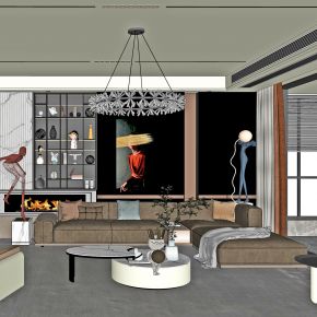 现代客厅，多人沙发，茶几，雕塑，摆件，吊灯，饰品，摆件