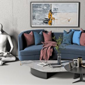 现代布艺多人沙发，沙发，茶几，三人沙发，长茶几，雕塑，灯，摆件，异形沙发