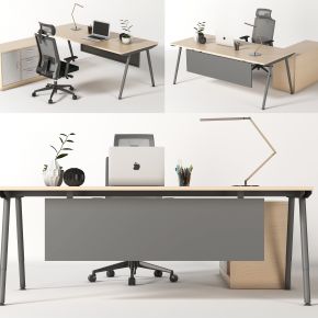 现代办公桌椅组合，办公桌，办公椅，班台，经理桌，主管桌，职员桌，摆件，台灯，电脑