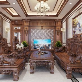 新中式客餐厅，红木家具，实木沙发，餐桌椅