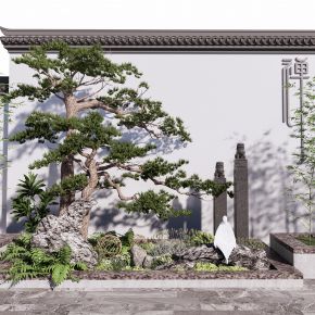 新中式庭院景观景墙景观小品松树su模型