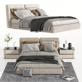 现代双人床，床头柜，主卧床，双人床，饰品，摆件，地毯，被褥，台灯，抱枕