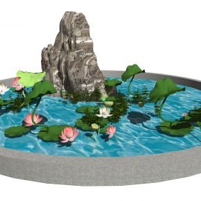 新中式景观小品假山石头荷花植物SU模型