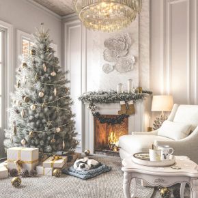 欧式客厅一角，壁炉，圣诞树，单人沙发，茶几，猫，圣诞礼物，欧式吊灯